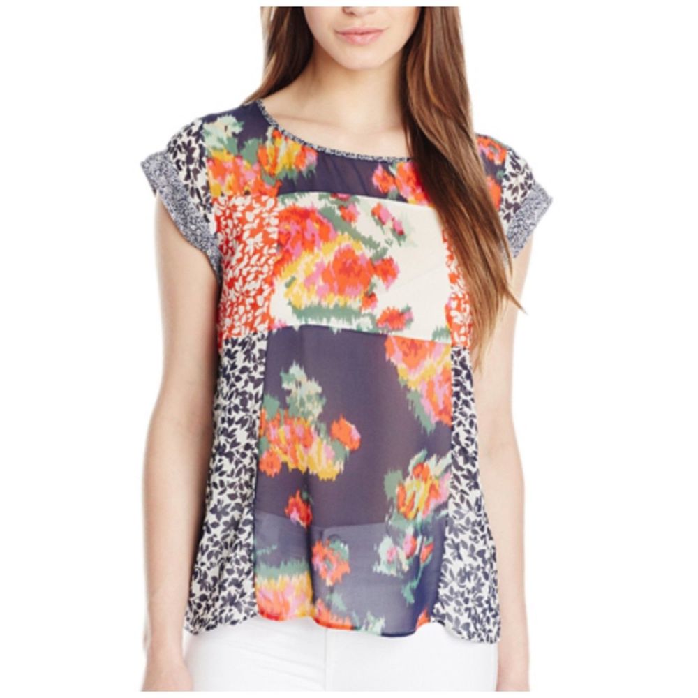 JOIE Bohoemian Floral Patchwork Short Silk Sleeve Blouse